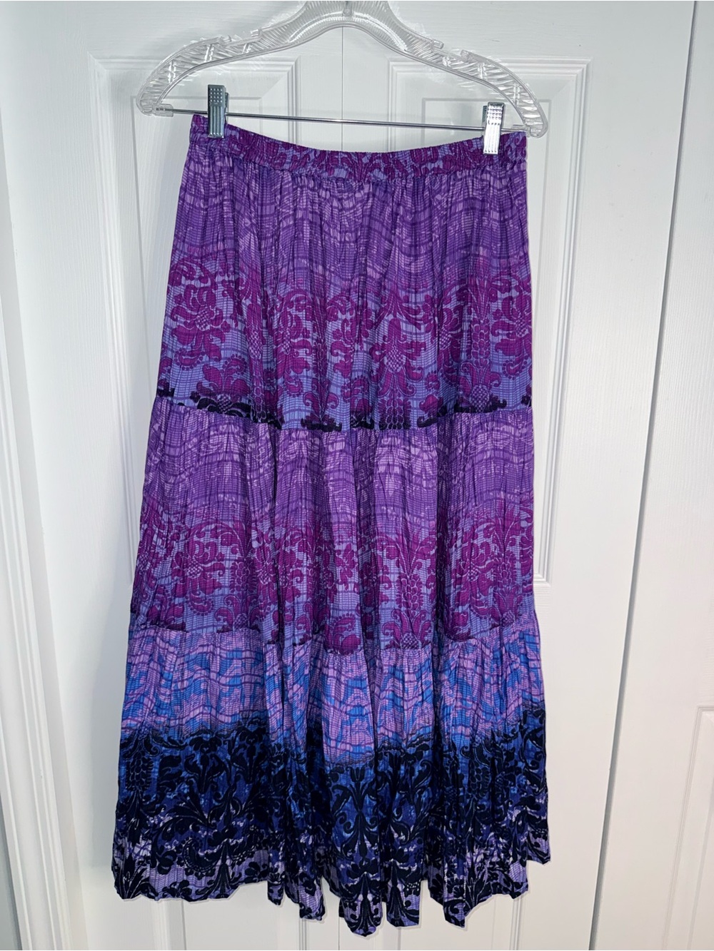 ⁠Phool Purple Damask Tiered Crinkle Cotton Maxi Skirt Boho Hippie Festival M⁠
